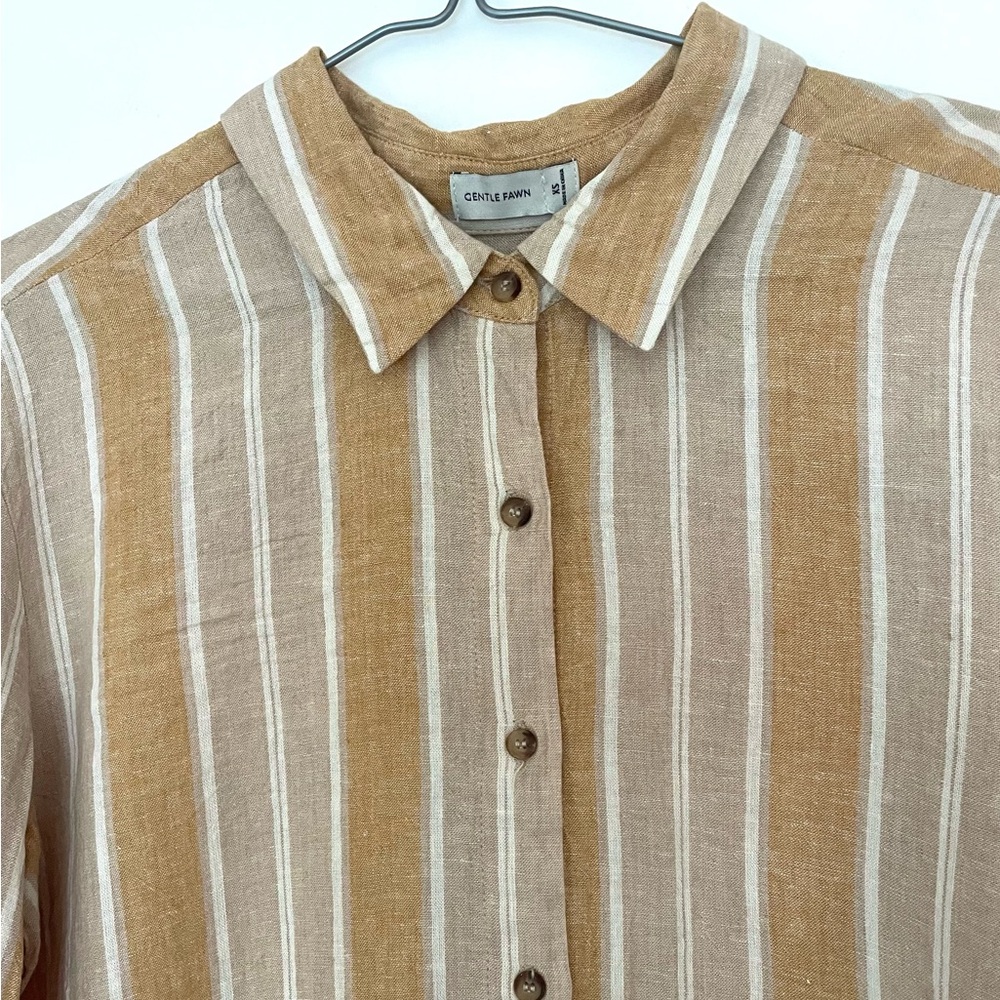 gentle fawn linen  blend Striped Tan and White top  Shirt - Picture 2 of 6